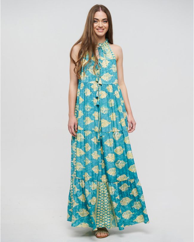 Long vacation dress in turquoise with ocean design