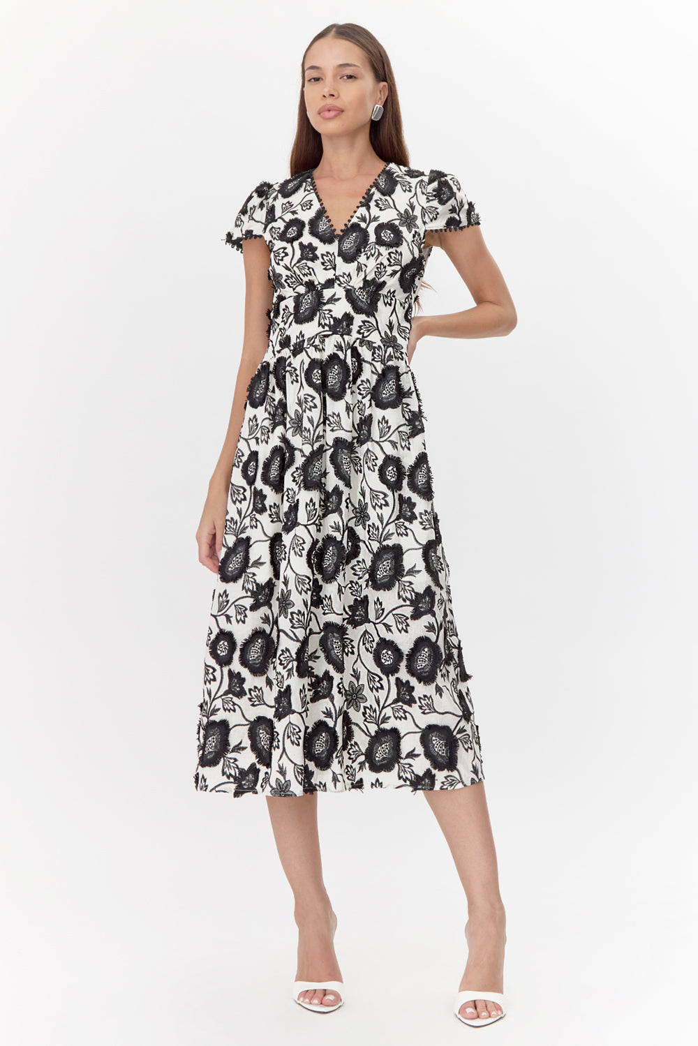 Embroidered v-neck midi wedding guest dress and graduation dress front studio view