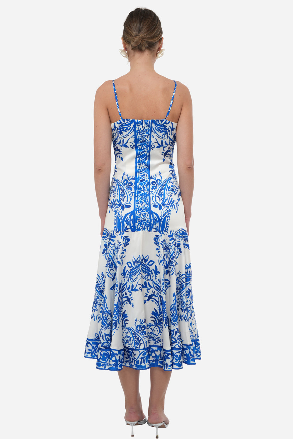 white v-neck print slip wedding guest dress and graduation dress studio back view