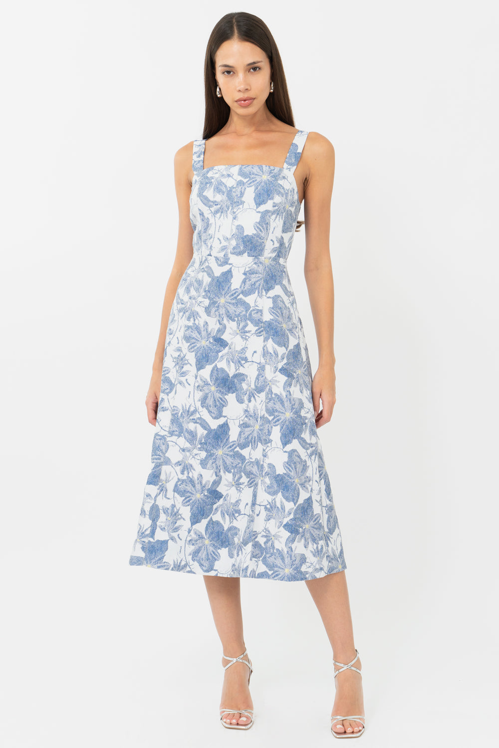 Blue and white floral wedding guest dress and graduation dress front studio view