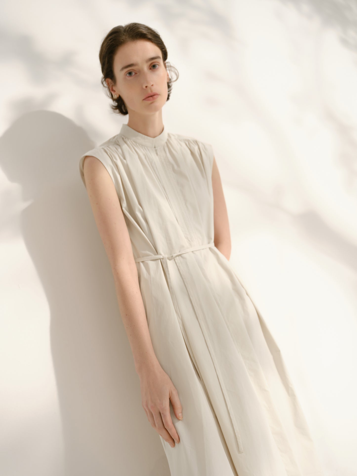 light khaki sleeveless work dress for business casual women model view