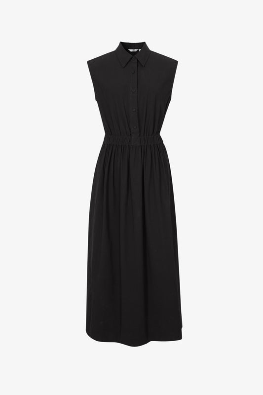  black sleeveless work dress with buttons for business casual women dress view