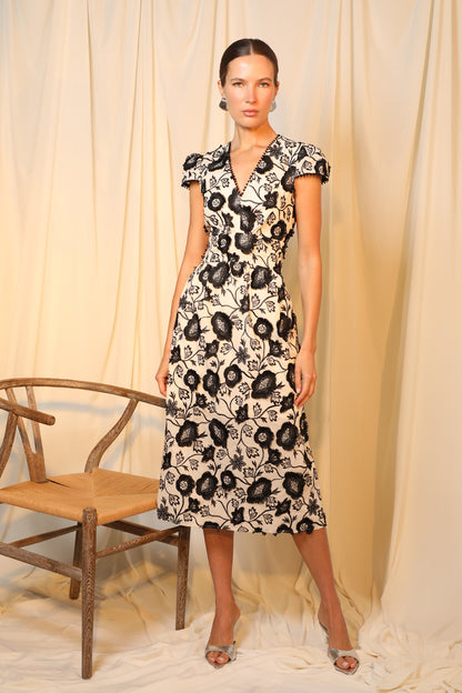 Embroidered v-neck midi wedding guest dress and graduation dress front model view