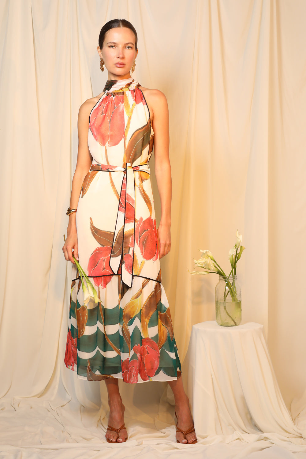 Printed tiered wedding guest dress and graduation dress front studio view full body