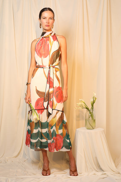 Printed tiered wedding guest dress and graduation dress front studio view full body