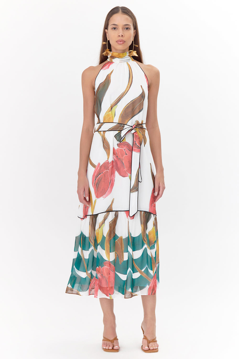Printed tiered wedding guest dress and graduation dress front studio view looking straight full body image