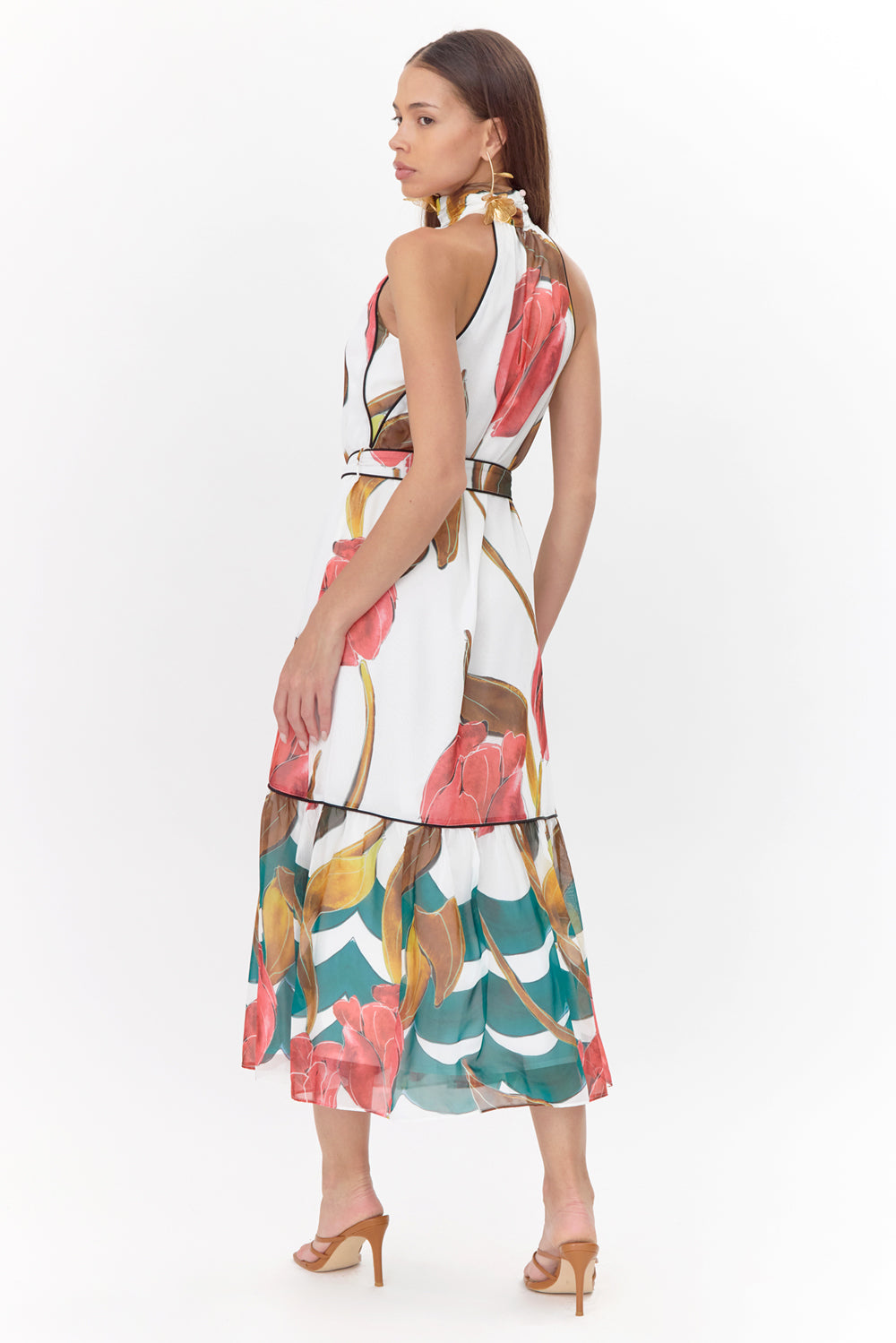 Printed tiered wedding guest dress and graduation dress back studio view