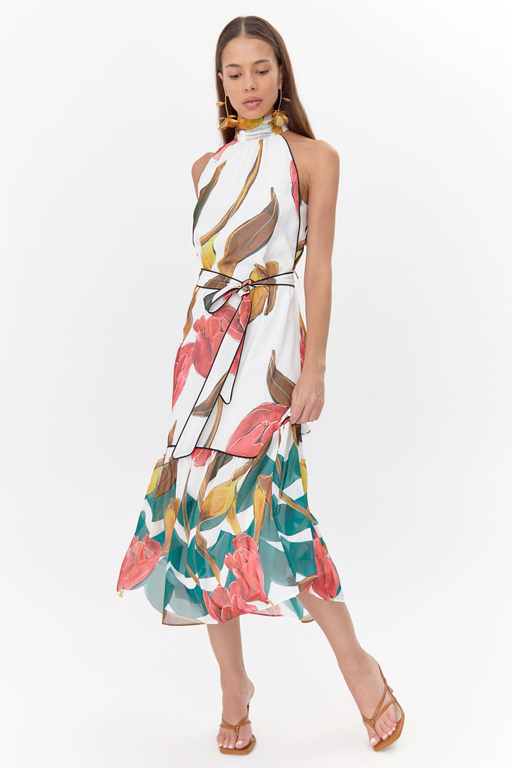 Printed tiered wedding guest dress and graduation dress front studio view looking down