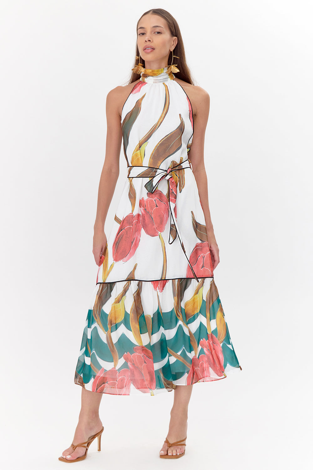 Printed tiered wedding guest dress and graduation dress front studio view looking up