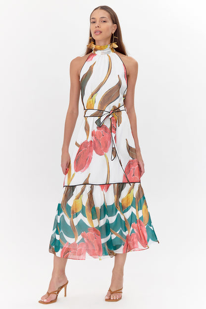 Printed tiered wedding guest dress and graduation dress front studio view looking up
