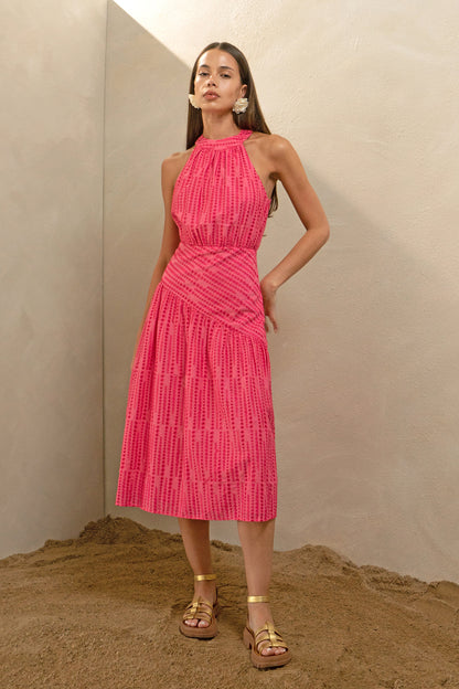 Embroidered halter midi wedding guest dress and graduation dress front model view