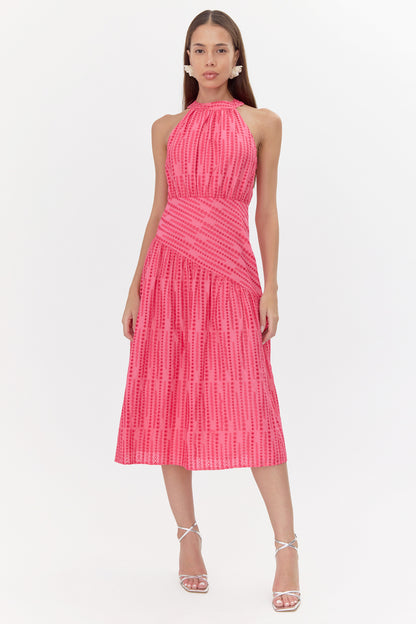 Embroidered halter midi wedding guest dress and graduation dress front studio view