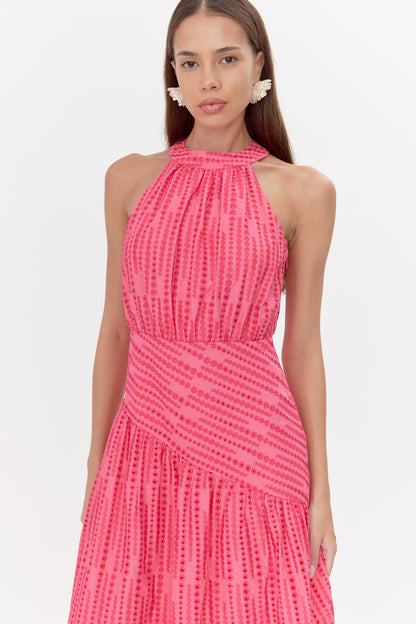 Embroidered halter midi wedding guest dress and graduation dress front studio  view closeup 
