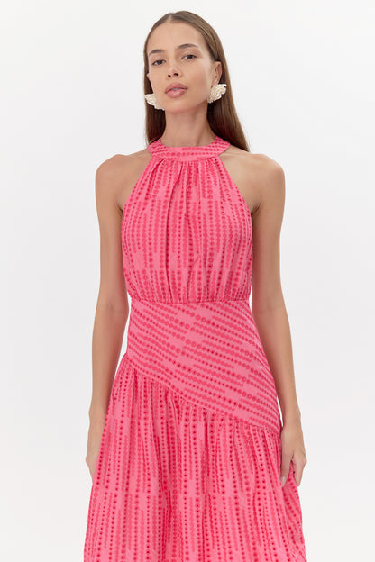Embroidered halter midi wedding guest dress and graduation dress front studio  view closeup hands down