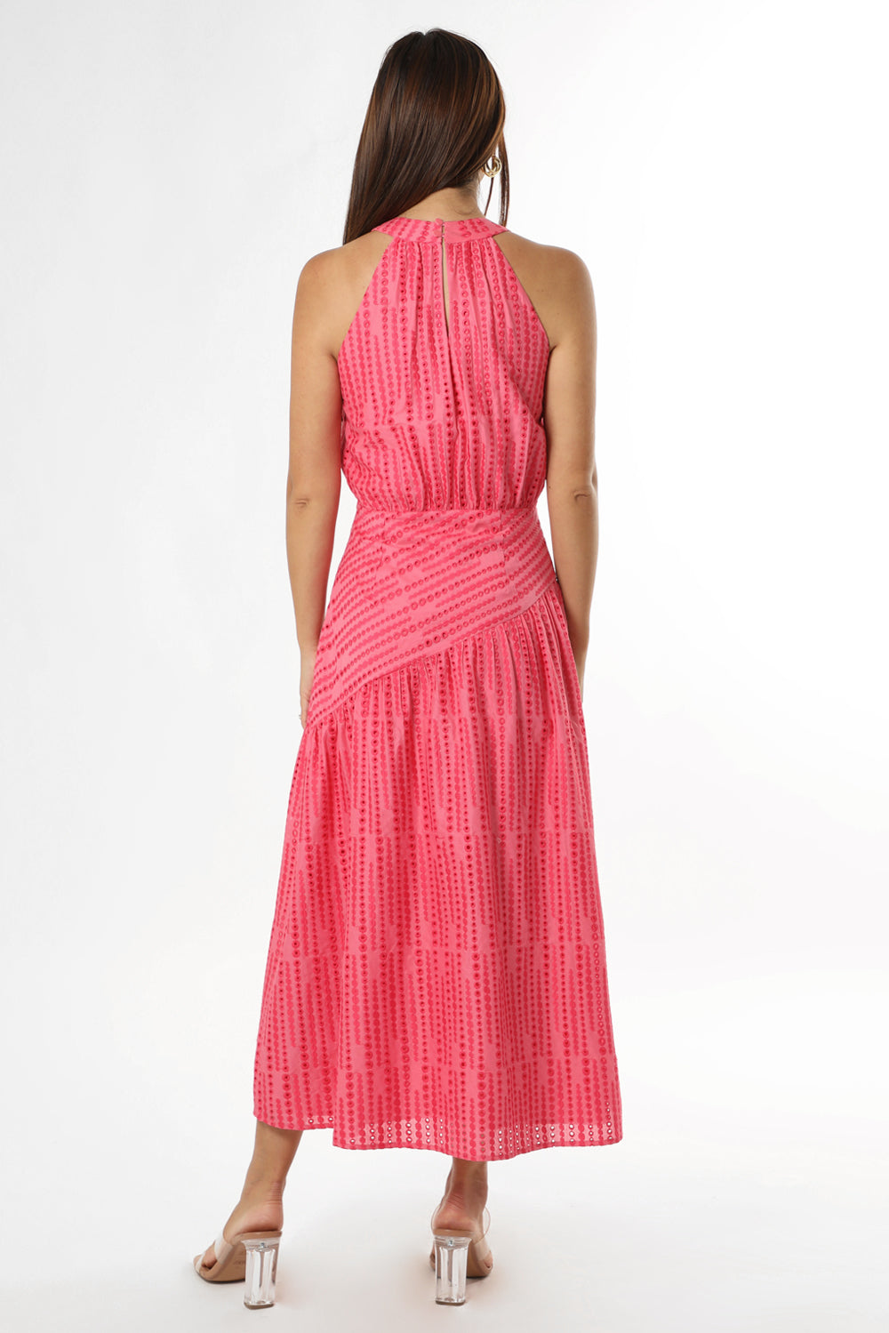 Embroidered halter midi wedding guest dress and graduation dress back studio view