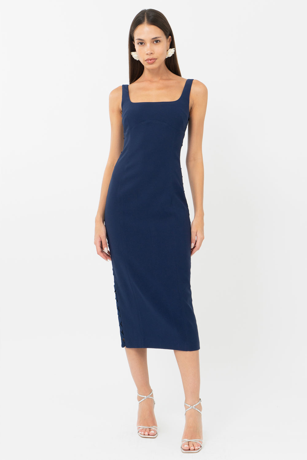 Navy blue bodycon midi wedding guest dress and graduation dress front studio view
