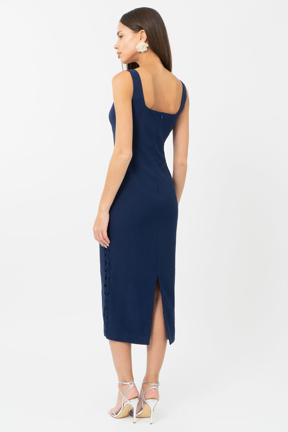 Navy blue bodycon midi wedding guest dress and graduation dress back studio view