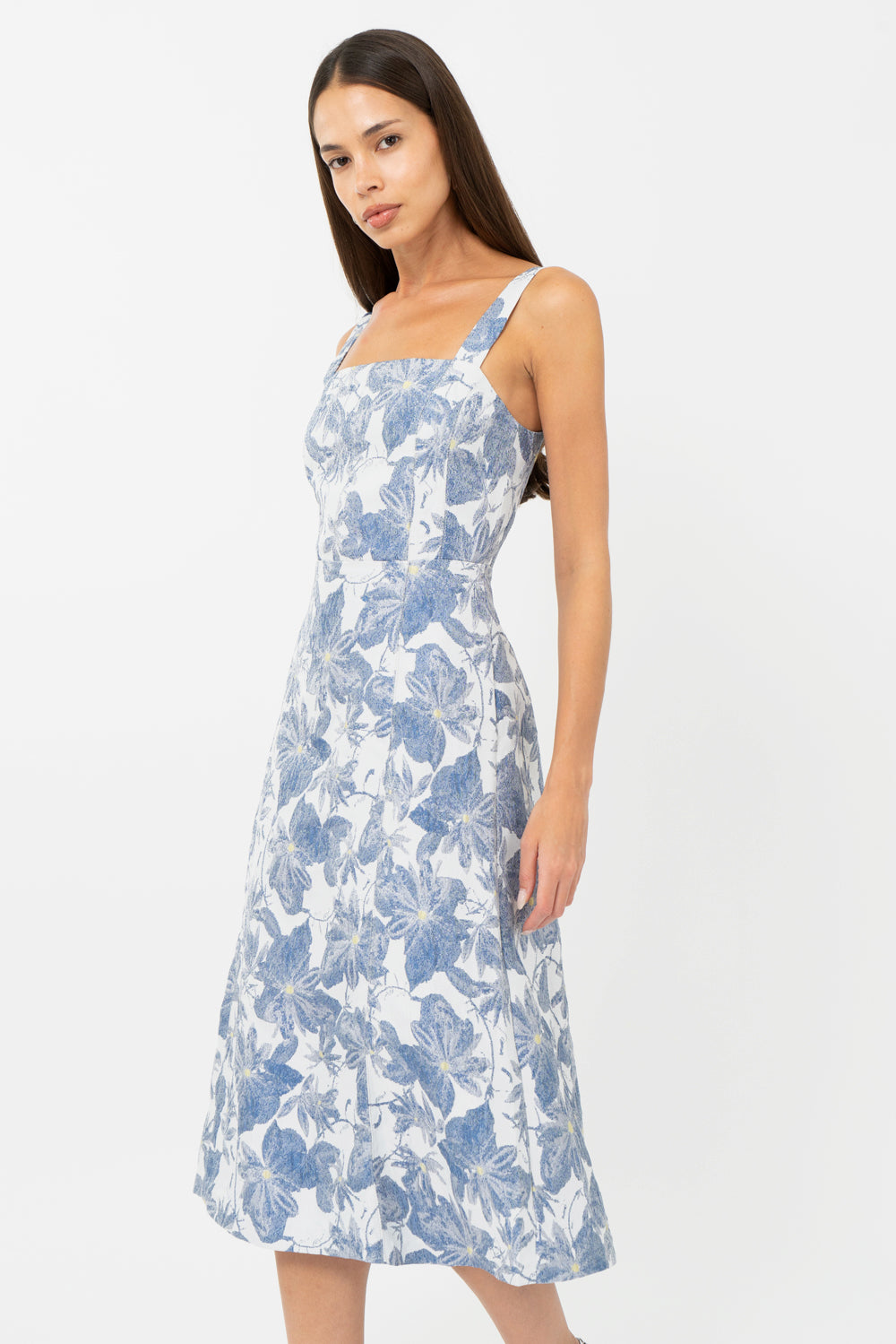 Blue and white floral wedding guest dress and graduation dress side studio view 