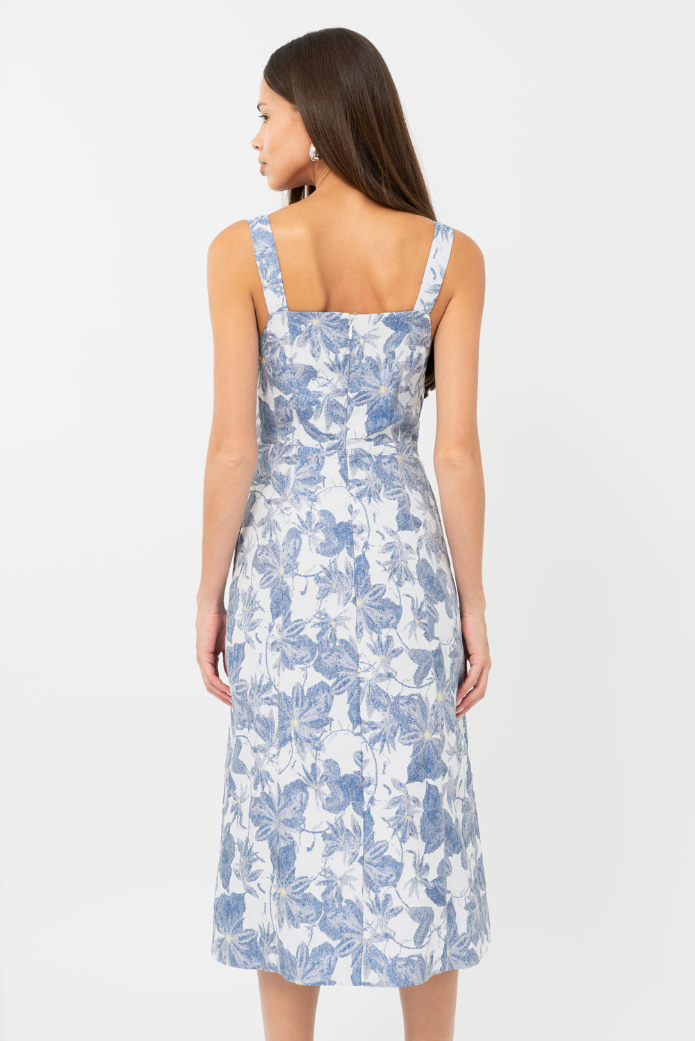 Blue and white floral wedding guest dress and graduation dress back studio view