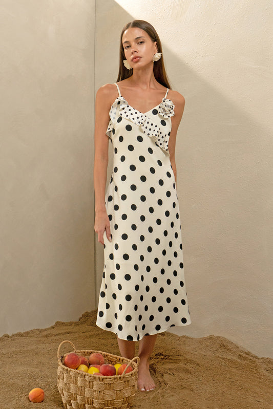black and cream Polka dot wedding guest dress and graduation dress with ruffles front model view